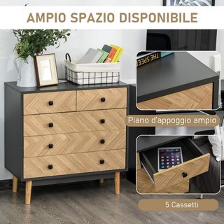 Cómoda para Dormitorio de Madera con 5 Cajones, Estilo Vintage Industrial, Gris Oscuro, 80X40X80Cm
