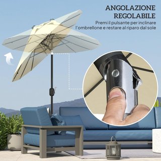 Sombrilla Doble Inclinable 295X150Cm Con Manivela, Luces LED, Base Cruzada Y Ventilaciones, Sombrilla De Jardín Con 12 Varillas De Acero Y Poliéster, Para Jardín Terraza Balcón