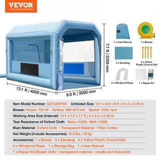 Cabina de Pintura Inflable, 13.1 x 9.8 x 9 pies/4 x 3 x 2.7 m Cabina de Spray Inflable, con Soplador Potente de 750W y Sistema de Filtro de Aire, Cabina de Pintura Portátil para Motocicletas, Bici...