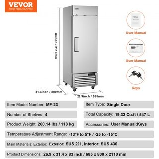 Congelador Comercial 20.12 Pies Cúbicos, Congelador Vertical de Una Puerta, Congelador de Acero Inoxidable con Descongelación Automática y 3 Estantes Ajustables, Control de Temperatura de -13 a 5℉...