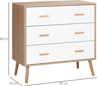 Cómoda Elevada de 3 Cajones para Sala de Estar y Dormitorio, Cómoda Moderna de Madera, 80X39X80 Cm, Blanca y Color Madera