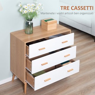 Cómoda Elevada de 3 Cajones para Sala de Estar y Dormitorio, Cómoda Moderna de Madera, 80X39X80 Cm, Blanca y Color Madera
