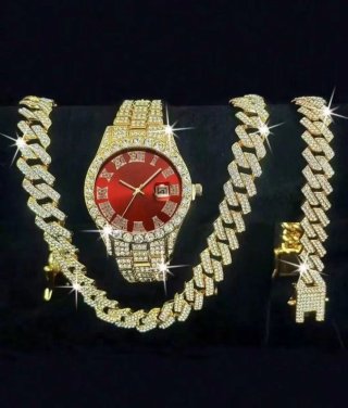 Reloj hombre y Cadena Dorados con Cristales