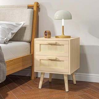 Mesita de Noche con 2 Cajones, Mesa de Estilo Boho Elegante 40X40X56Cm, Color Madera Natural