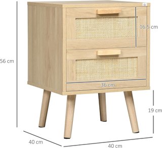 Mesita de Noche con 2 Cajones, Mesa de Estilo Boho Elegante 40X40X56Cm, Color Madera Natural