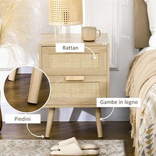 Mesita de Noche con 2 Cajones, Mesa de Estilo Boho Elegante 40X40X56Cm, Color Madera Natural