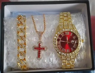 Set Reloj hombre, Pulsera y Collar Cruz Dorado