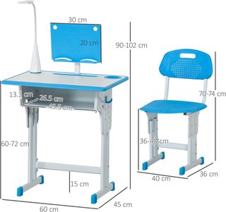 Mesa para Niños de 6-12 Años con Altura Ajustable, Lámpara LED, Atril y Estante, Conjunto de Escritorio con Silla para Niños en PP, Acero y MDF, Azul