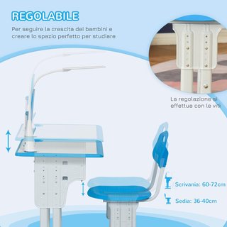 Mesa para Niños de 6-12 Años con Altura Ajustable, Lámpara LED, Atril y Estante, Conjunto de Escritorio con Silla para Niños en PP, Acero y MDF, Azul