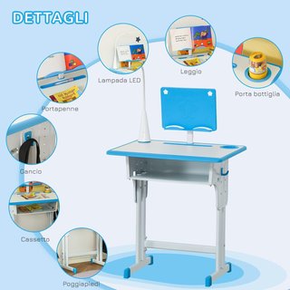 Mesa para Niños de 6-12 Años con Altura Ajustable, Lámpara LED, Atril y Estante, Conjunto de Escritorio con Silla para Niños en PP, Acero y MDF, Azul