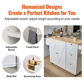 Carro de Cocina con Superficie de Madera Sólida, Carros Móviles de 115 cm de Ancho con Armario de Almacenamiento, Mesa de Cocina Rodante con Estante para Especias, Soporte para Toallas, Hoja Plega...