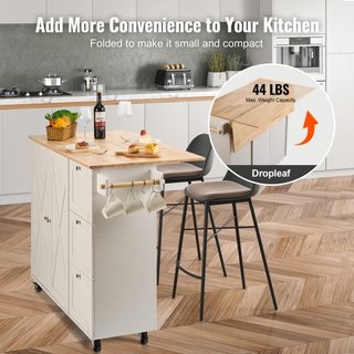 Carro de Cocina con Superficie de Madera Sólida, Carros Móviles de 115 cm de Ancho con Armario de Almacenamiento, Mesa de Cocina Rodante con Estante para Especias, Soporte para Toallas, Hoja Plega...