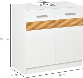 Mueble Bajo Lavabo Baño Inserto en Bambú, Mueble de Baño Sottolavandino Con Puertas de Madera Blanca, 60X30X60.5Cm