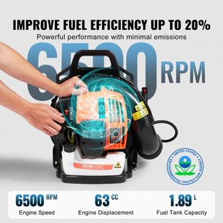 Soplador de Hojas de Mochila, Soplador de Hojas de Gas de 63CC 2 Tiempos con Tanque de Combustible de 1.89L, Volumen de Aire de 1110CFM Velocidad de 220MPH, Ideal para Cuidado del Césped, Limpieza...