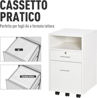 Archivador De Oficina Con 2 Cajones, 5 Ruedas Y Estante Abierto, Cajonera De Oficina Con Cerradura Y 2 Llaves para Carta/Formato A4, Armario Vertical para Estudio, 39X40X65 Cm, Blanco