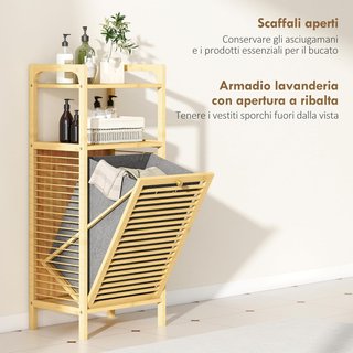 Mueble de Baño de Listones con Cesto de Ropa Extraíble de 37L y Armario Contenedor, Mueble de Baño en Bambú y Poliéster, 40X30X95 Cm, Gris y Color Madera