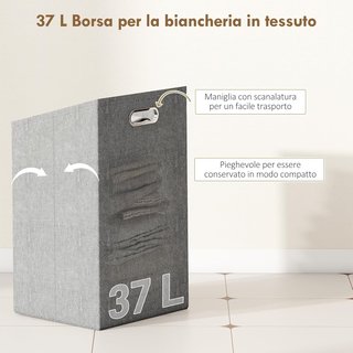 Mueble de Baño de Listones con Cesto de Ropa Extraíble de 37L y Armario Contenedor, Mueble de Baño en Bambú y Poliéster, 40X30X95 Cm, Gris y Color Madera