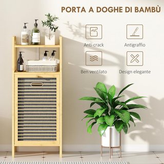 Mueble de Baño de Listones con Cesto de Ropa Extraíble de 37L y Armario Contenedor, Mueble de Baño en Bambú y Poliéster, 40X30X95 Cm, Gris y Color Madera