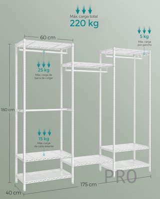 Guardaroba SONGMICS, Armadio in Metallo con Ripiani Regolabili, Barre per Appendere e Ganci, Durevole, Appendiabiti Separabile, Bianco Nuvola LGR43W01
