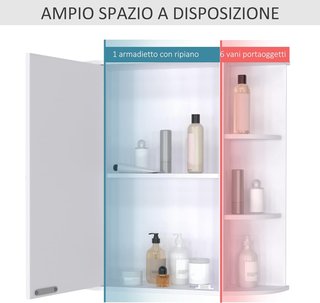 Espejo de Baño Contenedor, Armario de Baño con Espejo, Puerta Central y Estantes de Madera Blanca (66 x 17 x 63 cm)