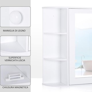Espejo de Baño Contenedor, Armario de Baño con Espejo, Puerta Central y Estantes de Madera Blanca (66 x 17 x 63 cm)