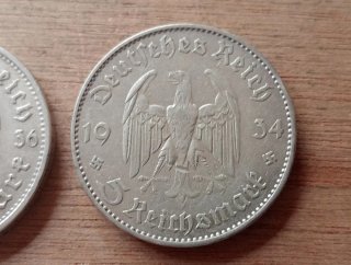 2 Monedas 5 Marcos Alemanes 1934 y 1936