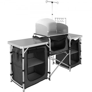 Mesa de Cocina para Camping, Mesa de Cocina Plegable para Exterior con Bolsa de Almacenamiento, Estación de Cocina de Aluminio con 3 Armarios y Paraviento Desmontable, Montaje Rápido para Picnics,...