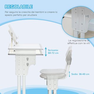 Conjunto de Escritorio y Silla para Niños de 6-12 Años con Altura Ajustable, Banco Escolar con Cajón, Gancho, Portalápices y Atril, Conjunto de Banco con Silla para Niños en Acero y MDF, Gris