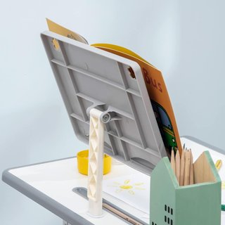 Conjunto de Escritorio y Silla para Niños de 6-12 Años con Altura Ajustable, Banco Escolar con Cajón, Gancho, Portalápices y Atril, Conjunto de Banco con Silla para Niños en Acero y MDF, Gris