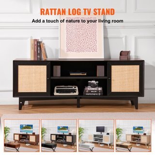 Soporte de TV de Rattan para TV de 75in, Soporte de TV Boho con Puerta de Rattan, Centro de Entretenimiento con Toma de Corriente Integrada, Armario de Almacenamiento con 2 Estantes, Consola de TV...