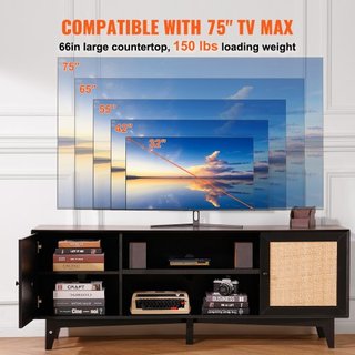 Soporte de TV de Rattan para TV de 75in, Soporte de TV Boho con Puerta de Rattan, Centro de Entretenimiento con Toma de Corriente Integrada, Armario de Almacenamiento con 2 Estantes, Consola de TV...