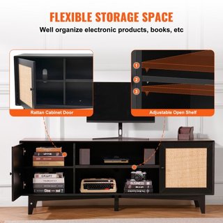 Soporte de TV de Rattan para TV de 75in, Soporte de TV Boho con Puerta de Rattan, Centro de Entretenimiento con Toma de Corriente Integrada, Armario de Almacenamiento con 2 Estantes, Consola de TV...