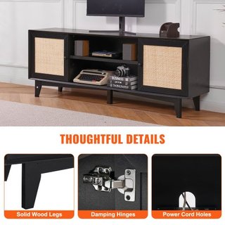 Soporte de TV de Rattan para TV de 75in, Soporte de TV Boho con Puerta de Rattan, Centro de Entretenimiento con Toma de Corriente Integrada, Armario de Almacenamiento con 2 Estantes, Consola de TV...
