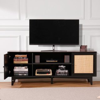 Soporte de TV de Rattan para TV de 75in, Soporte de TV Boho con Puerta de Rattan, Centro de Entretenimiento con Toma de Corriente Integrada, Armario de Almacenamiento con 2 Estantes, Consola de TV...