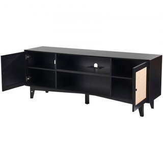 Soporte de TV de Rattan para TV de 75in, Soporte de TV Boho con Puerta de Rattan, Centro de Entretenimiento con Toma de Corriente Integrada, Armario de Almacenamiento con 2 Estantes, Consola de TV...
