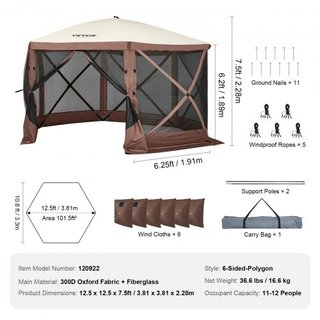 Tienda Gazebo Plegable, Tienda de Pantalla Plegable de 6 Lados, Refugio Solar con 6 Cortinas de Privacidad Removibles y Ventanas de Malla, Tienda de Pantalla de Configuración Rápida de 12.5x12.5FT...
