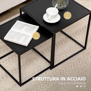 Set di 2 Tavolini da Caffè Impilabili Quadrati, Tavolini per Soggiorno e Salotto in Acciaio, Nero