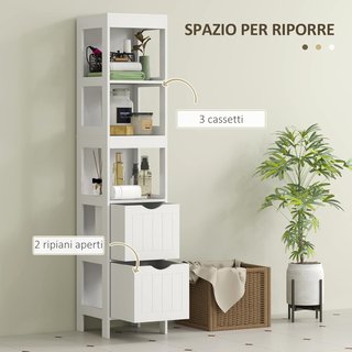 Mueble de Baño con 3 Estantes Abiertos y 2 Cajones, Columna de Baño Ahorra Espacio en Madera, Armario para Comedor, Sala de Estar, Cocina, 30X30X141.2 Cm, Blanco