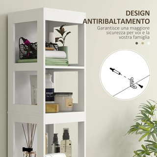 Mueble de Baño con 3 Estantes Abiertos y 2 Cajones, Columna de Baño Ahorra Espacio en Madera, Armario para Comedor, Sala de Estar, Cocina, 30X30X141.2 Cm, Blanco