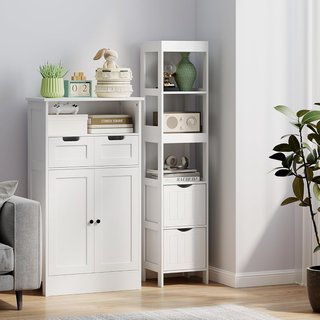 Mueble de Baño con 3 Estantes Abiertos y 2 Cajones, Columna de Baño Ahorra Espacio en Madera, Armario para Comedor, Sala de Estar, Cocina, 30X30X141.2 Cm, Blanco