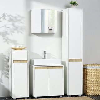 Mueble de Baño con Espejo, 2 Puertas y Estantes Regulables, Espejo de Baño Contenedor en Aglomerado y Vidrio, Diseño de Pared, 48X15X45 Cm, Blanco