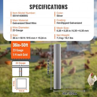 Malla de Hardware, 1/4 pulgada 36in x 50 pies 23 Gauge, Malla de Alambre Galvanizado por Inmersión en Caliente, Cercado de Alambre para Pollos, Malla de Alambre para Jaulas de Conejos, Jardín, Peq...