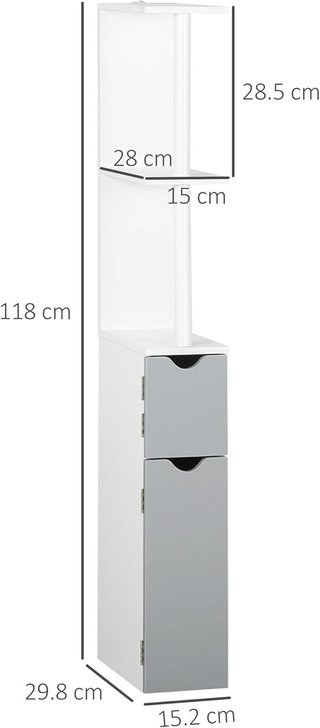 Mueble de Baño Ahorra Espacio en Columna Con 2 Estantes Y 2 Armarios, Columna de Baño de Madera para Salón, 15.2X29.8X118 Cm, Blanco Y Gris