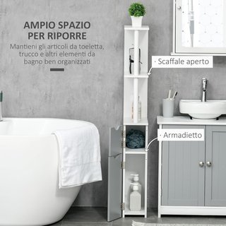 Mueble de Baño Ahorra Espacio en Columna Con 2 Estantes Y 2 Armarios, Columna de Baño de Madera para Salón, 15.2X29.8X118 Cm, Blanco Y Gris