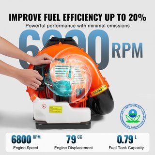 Soplador de Hojas de Mochila, Soplador de Hojas de Gas de 79CC 2 Tiempos con Tanque de Combustible de 3L, Volumen de Aire de 930CFM Velocidad de 184MPH, Ideal para Cuidado del Césped, Limpieza de ...