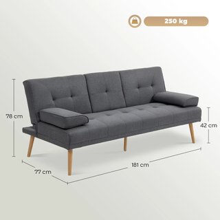 Sofá Cama 3 Plazas Convertible Reclinable Con 2 Brazos Desmontables, Sofá Plegable 3 en 1 Acolchado 181X77X78 Cm en Tela y Madera Con Mesa de Café para Sala de Estar, Gris Oscuro