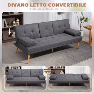 Sofá Cama 3 Plazas Convertible Reclinable Con 2 Brazos Desmontables, Sofá Plegable 3 en 1 Acolchado 181X77X78 Cm en Tela y Madera Con Mesa de Café para Sala de Estar, Gris Oscuro