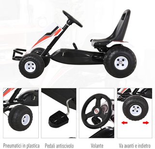 Go-Kart a Pedali Blanco para Niños de 3 a 6 Años con Asiento Ajustable, Ruedas de Plástico, Freno de Mano y Cambio