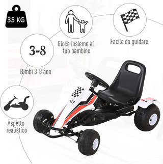 Go-Kart a Pedali Blanco para Niños de 3 a 6 Años con Asiento Ajustable, Ruedas de Plástico, Freno de Mano y Cambio