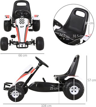 Go-Kart a Pedali Blanco para Niños de 3 a 6 Años con Asiento Ajustable, Ruedas de Plástico, Freno de Mano y Cambio